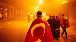 Beyoglu, Istanbul, Turkey. 28th May, 2023. A man, celebrating the victory of President Recep Tayyip Erdogan, who was elected as a result of the presidential runoff elections, with the Turkish Flag. Credit: ZUMA Press, Inc./Alamy Live News