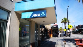 Melbourne, Australia: March 14, 2019: Street view of a Bank of Australia and New Zealand (ANZ) branch in St Kilda.