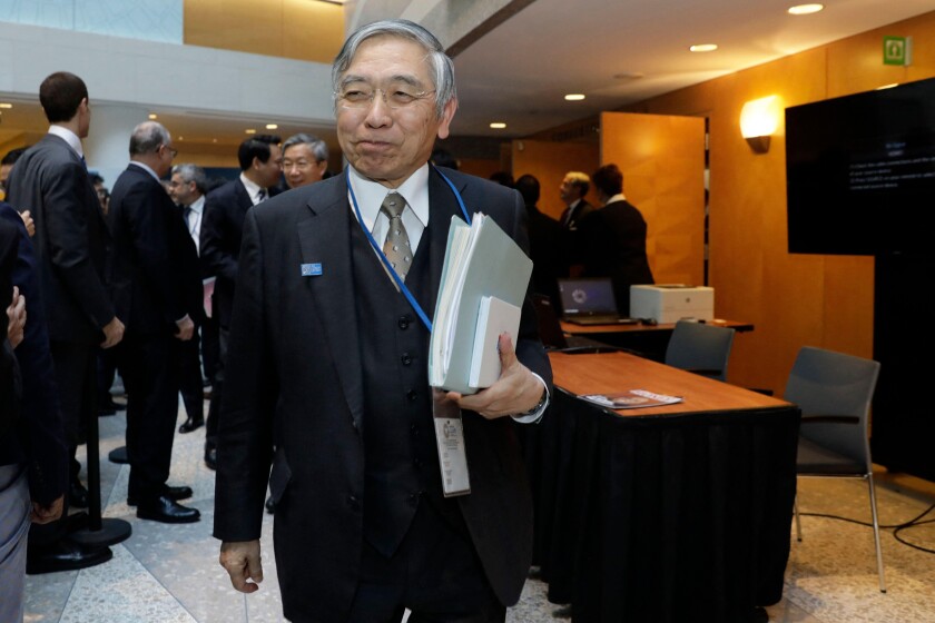 Bank of Japan Governor Haruhiko Kuroda leaves after G-20 finance ministers plenary during IMF-World Bank annual meeting in Washington on October 18, 2019. Photo by Yuri Gripas/ABACAPRESS.COM