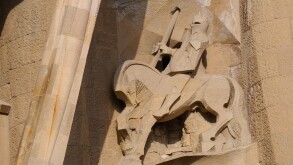 Details of religious sculptures on the facade of the Sagrada Familia, the unfinished cathedral by  Antoni Gaudi in Barcelona.