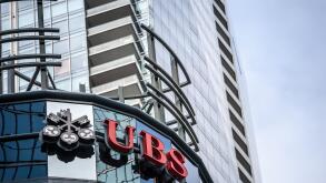 TORONTO, CANADA - NOVEMBER 14, 2017: Logo of UBS on their main office for Toronto, Ontario. Also called Union Bank Switerland, it is one of the main b