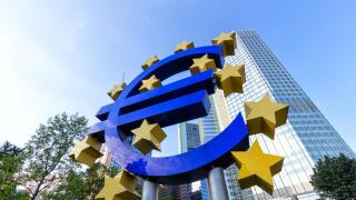 Euro sign outside the European Central Bank in Frankfurt Germany.