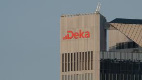 Top part of the Trianon skyscraper with the Deka Group logo in Frankfurt main, Germany