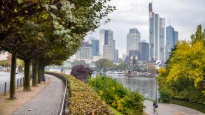 Walking and Bike Paths in Urban Riverside Park, with the Skyline of Downtown Frankfurt in the Background (Fall / Autumn) - Frankfurt, Germany