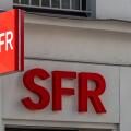 Sign and logo of an SFR store. SFR is a French mobile network operator and telecommunications company, a subsidiary of Altice France