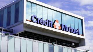 credit mutuel french bank logo signage on modern office building facade headoffice