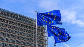 Brussels, Belgium - August 11, 2018: Flags of the European Union in front of the Berlaymont building in Brussels.
