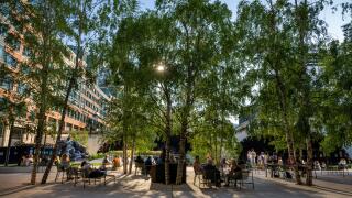 London, UK: Exchange Square at Broadgate, an open space in the City of London. People sit in the square and evening sunlight filters through the trees