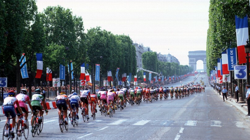 Riders at the Tour De France on the final stage on Champs Elysees in Paris France