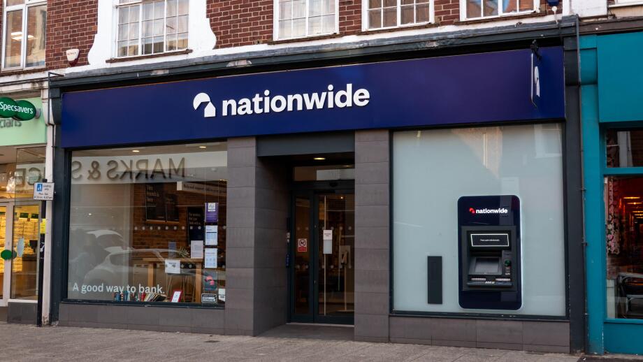 Nationwide bank branch in Bishops Stortford, Hertfordshire. Features the bank's signage and an ATM.