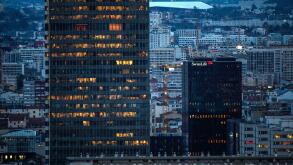 Lyon (central-eastern France): La Part-Dieu District at night. Skyscrapers (Incity and Swiss Life Towers) with lit up buildings