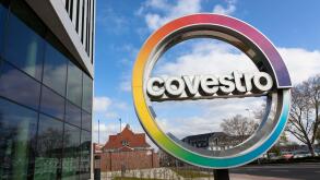 headquarters of the Covestro AG, producer of a variety of polyurethane and polycarbonate based raw materials, company logo, Chempark, Leverkusen, Nort