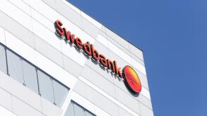 Sundbyberg, Sweden - May 9, 2016: Detail of the Swedbank head office with its logo.