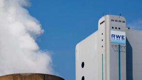 RWE AG, logo of power company on plant at Niederaussem Bergheim lignite power plant, North Rhine-Westphalia