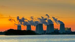 Janschwalde / Jaenschwalde lignite-fired power station at sunset, third-largest brown coal power plant in Germany at Brandenburg, Spree-NeiBe