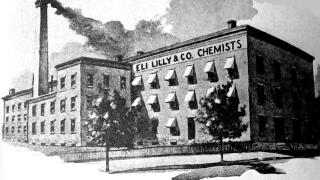 ELI LILLY (1838-1898) American chemist. Company factory on McCaryty Street, Indianapolis, Indiana, USA, in 1886