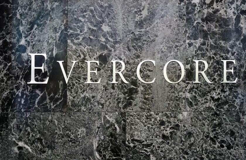 New York, NY - April 15, 2023 : Evercore corporate logo close up on marble at Midtown, Manhattan's Park Ave headquarters office.