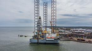 The "Ran" oil rig, owned by Borr Drilling, was built in 2013 in Singapore and has three 525-feet long legs. It is docked in Sheerness.