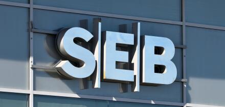 Vilnius, Lithuania - April 02: SEB bank logotype on the wall in Vilnius on April 02, 2019. SEB Bank Is Commercial Bank Of Lithuania, Subsidiary Of Swe