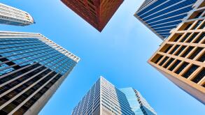 Looking up at Skyscrapers New York City Financial District