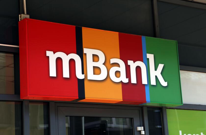 Cracow. Krakow. Poland. mBank logo on the facade of local office.