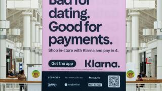 A large sized clever advertisement for Klarna Bank, Swedish fintech company that provides online financial services. Inside the Danbury Fair Mall.