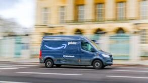 LONDON- FEBRUARY 19, 2024: Amazon Prime delivery van in motion on London street