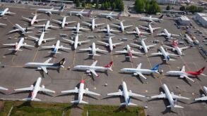 June 2019: Boeing 737 Max aircraft grounded at Boeing Field factory near Seattle, Washington, USA, during the crisis caused by unsafe software