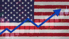 Economic recovery with stock market chart arrow up in positive territory over US flag painted on wall. Business and financial money market upturn conc