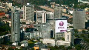 Aerial picture, the former RAG Group Building bearing the new company name EVONIK, head quarters of the Evonik Industries AG, E