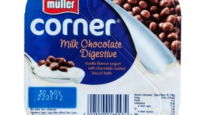 A Muller corner yogurt on a white background